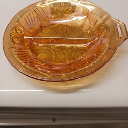 BRAND NEW CARNIVAL GLASS BOWL ONE HANDLE  DIVIDED SECTION,  MARIGOLD COLOR 