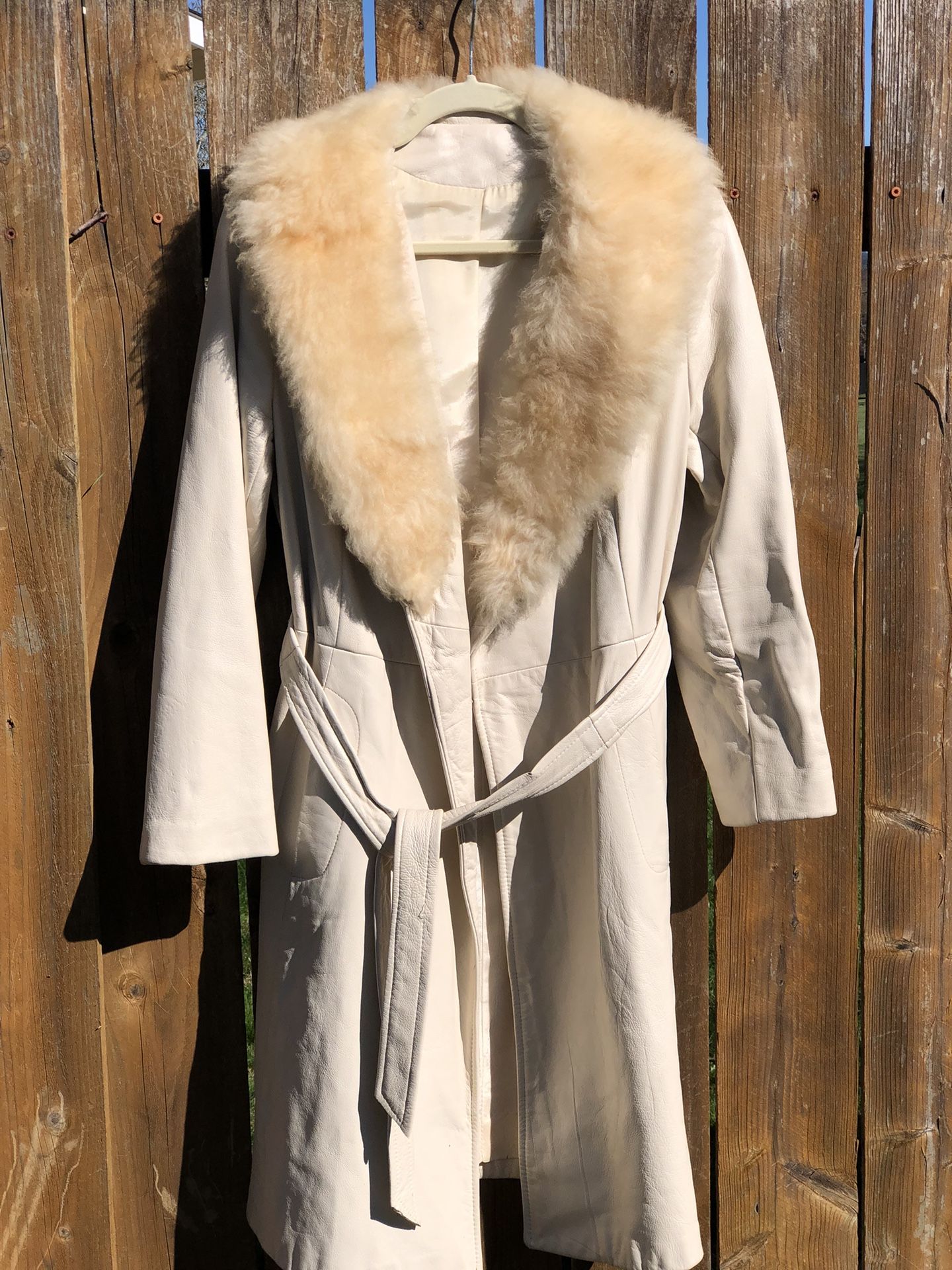 Vintage Leather Coat Women's Ivory Trench Belted Fox Fur Trim Size