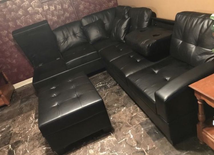 Black Leather Sectional Sofa With Storage Ottoman