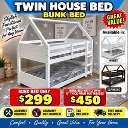 Twin house bed bunk bed. Available in espresso & white. Assembly required. Assembly not included. Tax included. Free local delivery.  Bed only-$299 Be