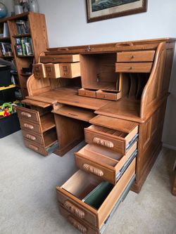 Solid Oak Roll top desk with leather chair