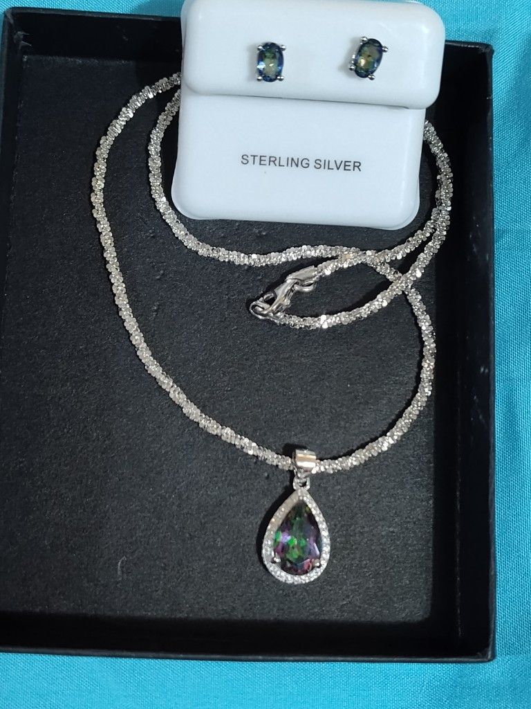 Mystic Topaz Earrings & Pendant W/Chain Sterling Silver