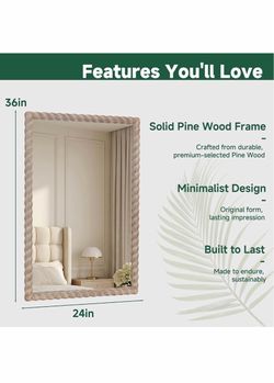 36"x24" Rectangular Solid Wood Farmhouse Decorative Wall Mirror Natural Braided Wood Frame Design and HD Tempered Glass, Perfect for Bathroom, Vanity,