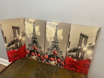 Set of 4 Canvas Wall Art - Paris & NYC with Roses