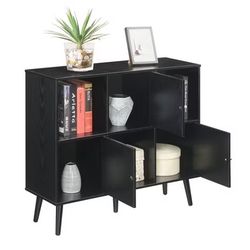 Black Breighton Modern Mid Century Home Xtra Storage Cube Organizer Sideboard Console Shelves Book Table with 3 Cubbies and 3 Cabinets 