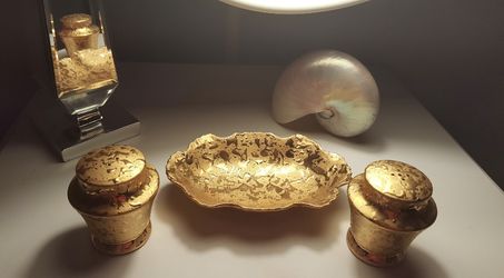 Vintage retro Weeping Gold Candy Dish and large Salt and Pepper Shakers