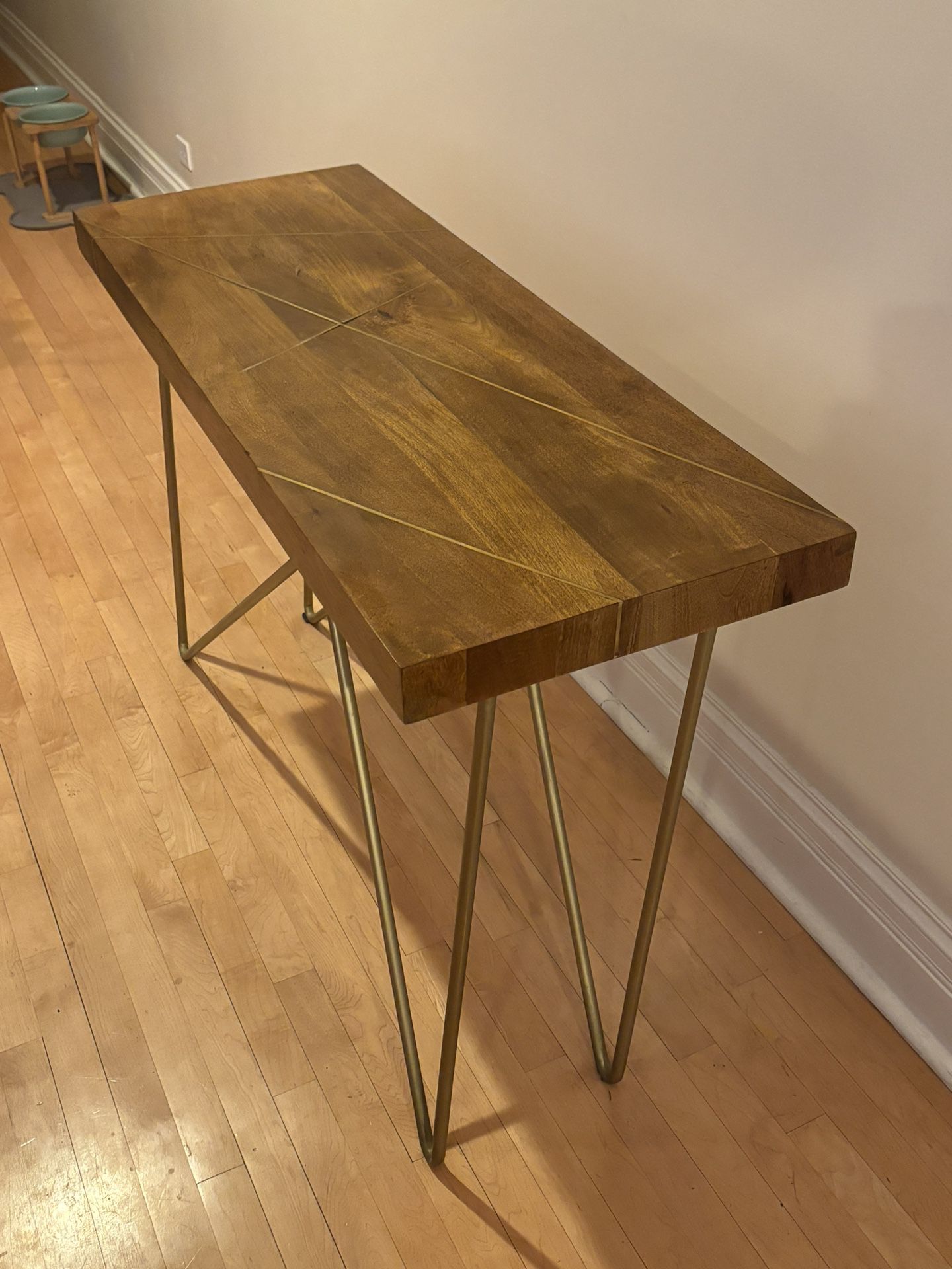 Wood Top Console Table With Gold Accents 