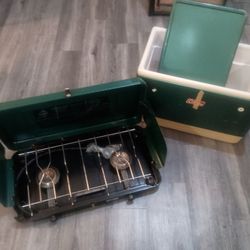 Vintage Metal Coleman Cooler & Hillary Sears 2 Burner Propane Stove