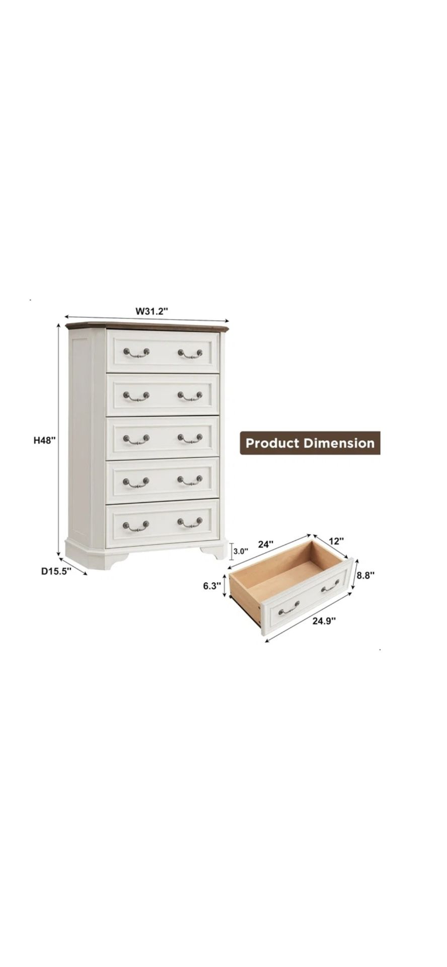 NEW! 5 Draw Bedroom Dresser- Antique White