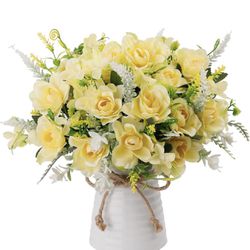 LESING Artificial Flowers with Vase Fake Silk Flowers in Vase Gardenia Flowers Decoration for Home Table Office Party (Champagne)