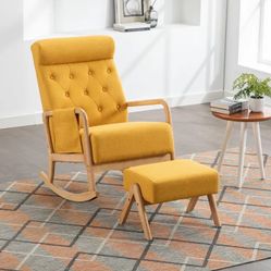 Mid-Century Modern Upholstered Yellow Wooden Rocking Chair w/ Ottoman  [NEW IN BOX] **Retails for $330