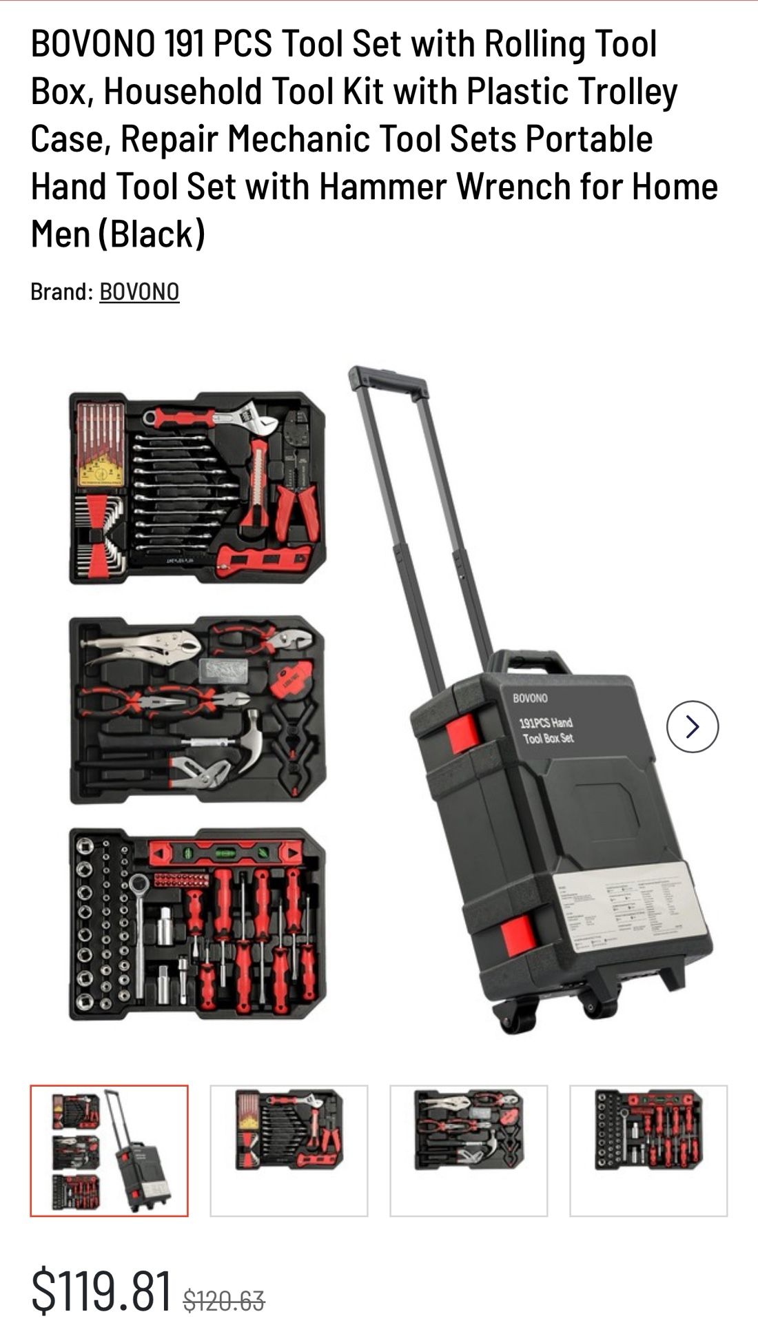 BOVONO 191 PCS Tool Set with Rolling Tool Box