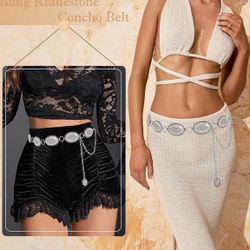 Bling Rhinestone Concho Belt Heavy Metal Western Crystal Chain Belt Cowgirl Sparkly Waist Chain