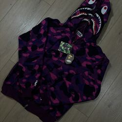 Bape Color Purple Camo Shark Double Hoodie Zip Sizes ( Small And Medium)