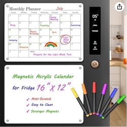  JAMCUN Magnetic Acrylic Calendar for Fridge, 2 Pcs White Fridge Calendar Reusable Dry Erase Board for Refrigerator with 6 Color Markers, Includes Mon