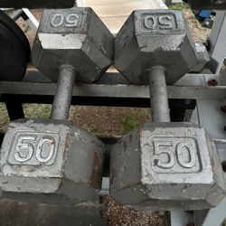50lb Hex Iron Dumbbell Set Weights 