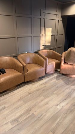Set of 4 Tan Leather Barrel Swivel Accent Chairs