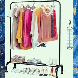 Black Metal 44" Clothing And Shoes Rack With Wheels And Bonus Tie Holder, New In Box. Unassembled.