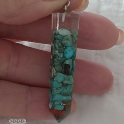 Sterling Silver Hexagon Epoxy Turquoise & Coral Pendant