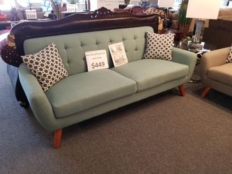 Brand new 82" linen midcentury modern sofa + 2 accent pillows