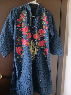 Navy Blue Embroidered Shirt with Floral Detailing