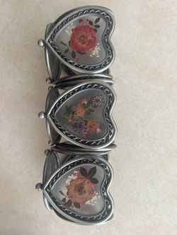 Tealight floral pressed Pewter Heart shaped candle holders