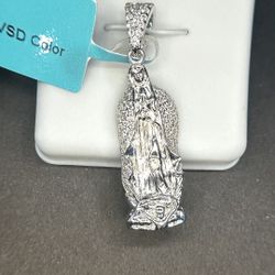 925 Sterling Silver Mother Mary Pendant W/ Moissanite 