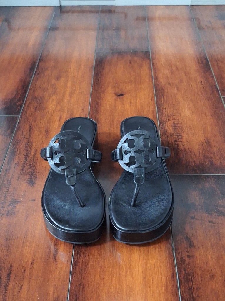 Tory Burch Miller Patent Wedge Sandal Size 7.5 Black