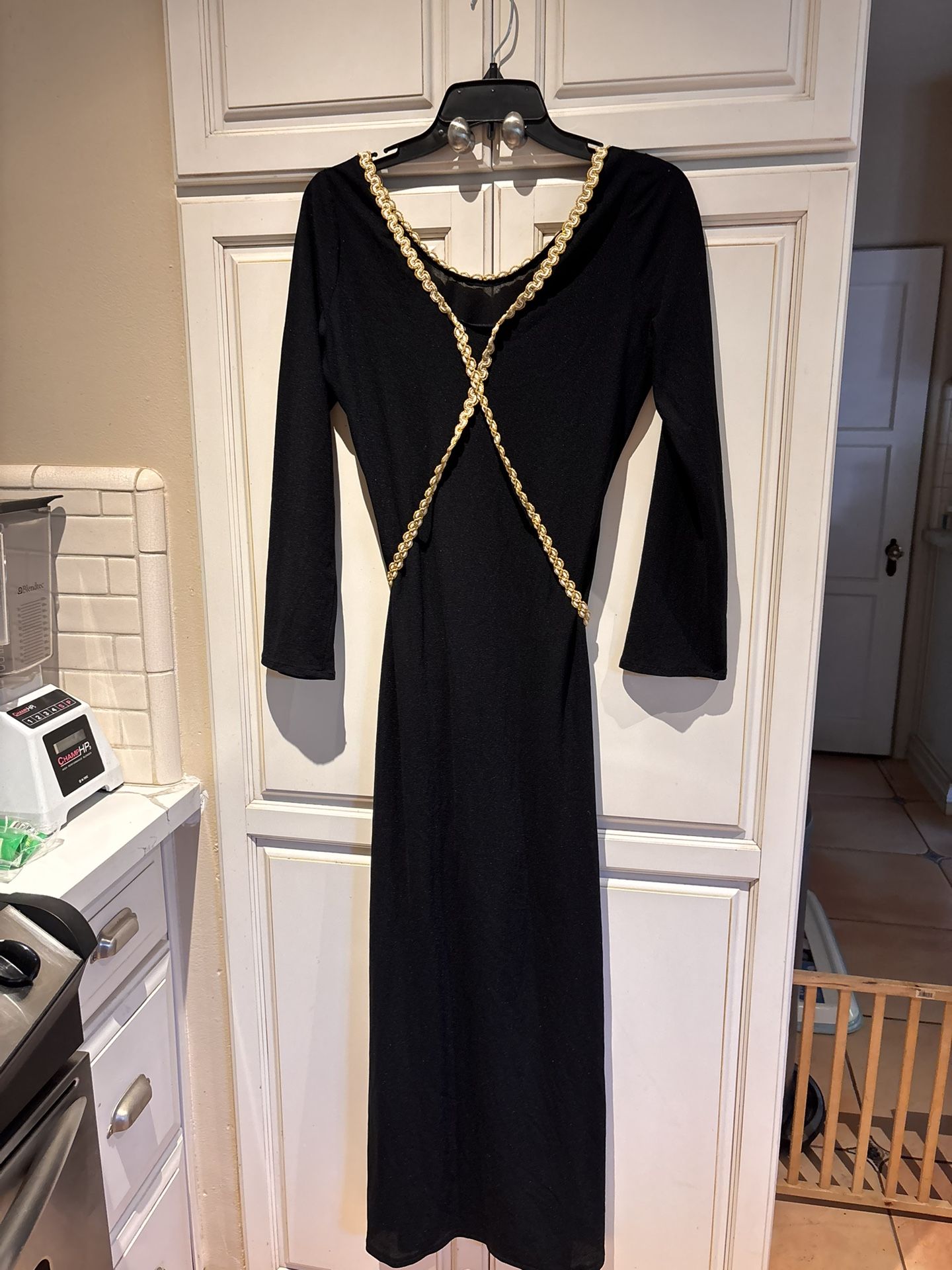 halloween witch or sorcerer dress long black with gold trim size M