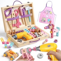 Pink Wooden Kids Tool Set with Drill 44Pcs Educational Montessori Toys for 3 Year Old Girl, STEM Toys Toddler Tool Set with Apron & Box Birthday Gifts