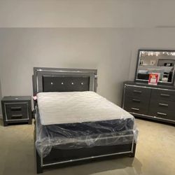 Gray LED Panel Bedroom Set Bed, Dresser, Mirror, Nightstand, Chest 