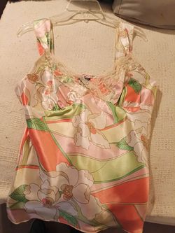 Vintage "LOVE AND LET LOVE" satin empire waist Y2K tank top. Floral motif with hand beaded lace neckline.