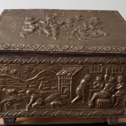 Antique Victorian Brass On Wood Coal Box