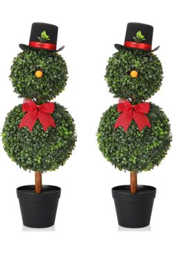 New Yunlly 2 Pack Christmas Snowman Topiary 30'' Artificial Snowman Shaped Topiary Tree Pot with Red Bow Santa Hat Boxwood Topiaries for Christmas Ind