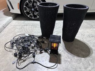 Outdoor Decor Set: 2 Wicker Planters, String Lights, and Solar Lantern
