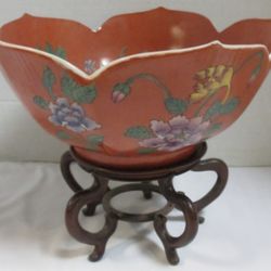 VTG Neiman Marcus Handpainted 9.5"D H.K. China Bowl & Hand CarvedRose Wood Stand
