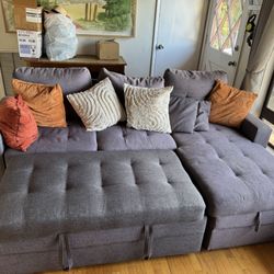 Comfy Gray 90in L-Shape Sleeper Sectional Sofa with Reversible Storage Chaise