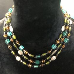 RARE 3-Strand Turquoise Glass w/Tiger Eye  & Green Art Glass Bead Necklace - 18.5"