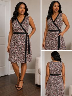 Adrienne Vittadini Women’s Printed Wrap Dress Size XL – Sleeveless Belted Dress