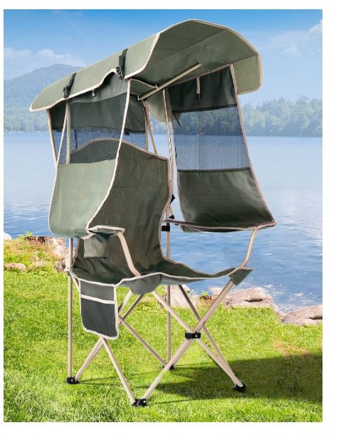 Folding Camping Chair with Shade Canopy for Adults, Canopy Chair for Outdoors Sports with Cup Holder, Side Pocket for Camp, Beach, Tailgates, Fishing 