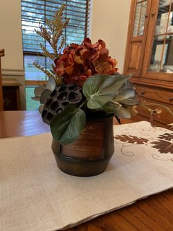 Fall Table Arrangement 14” tall In A Round Metal Container 