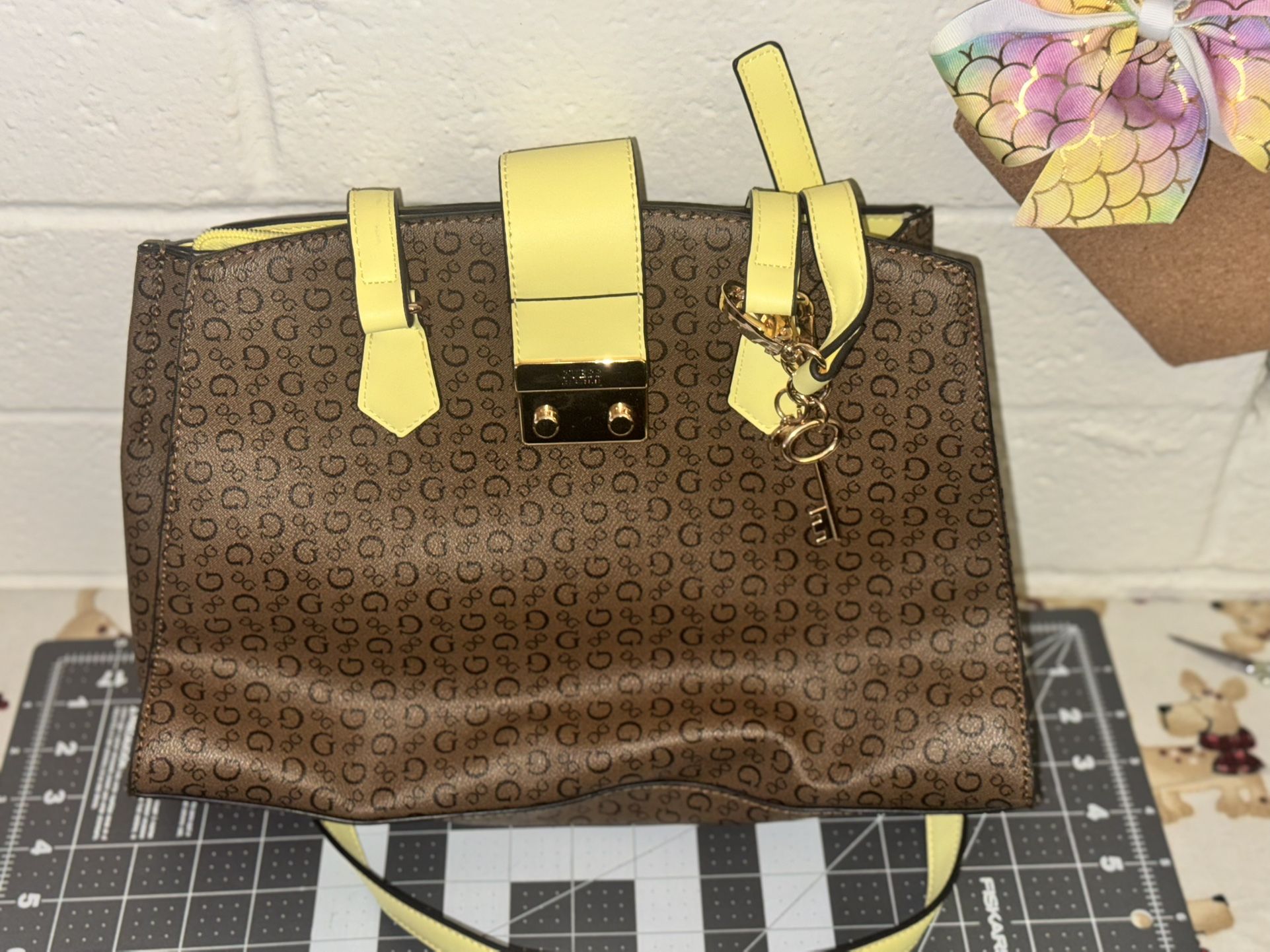 Guess Brown and Yellow Shoulder Bag with Monogram Print
