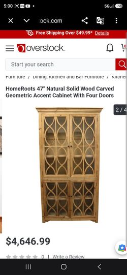 47 in. Natural Solid Wood Carved Geometric Accent Cabinet with 4 Doors