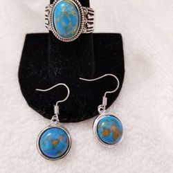 Copper Turquoise Ring Size 8 and 9 and 10 and Earrings 925 Sterling Silver Thumbnail