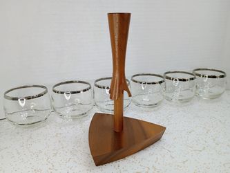 Mid Century Modern Vintage Solid Walnut Condiment Relish Holder with 6-4oz. Roly-Poly Pony/Sour Glasses