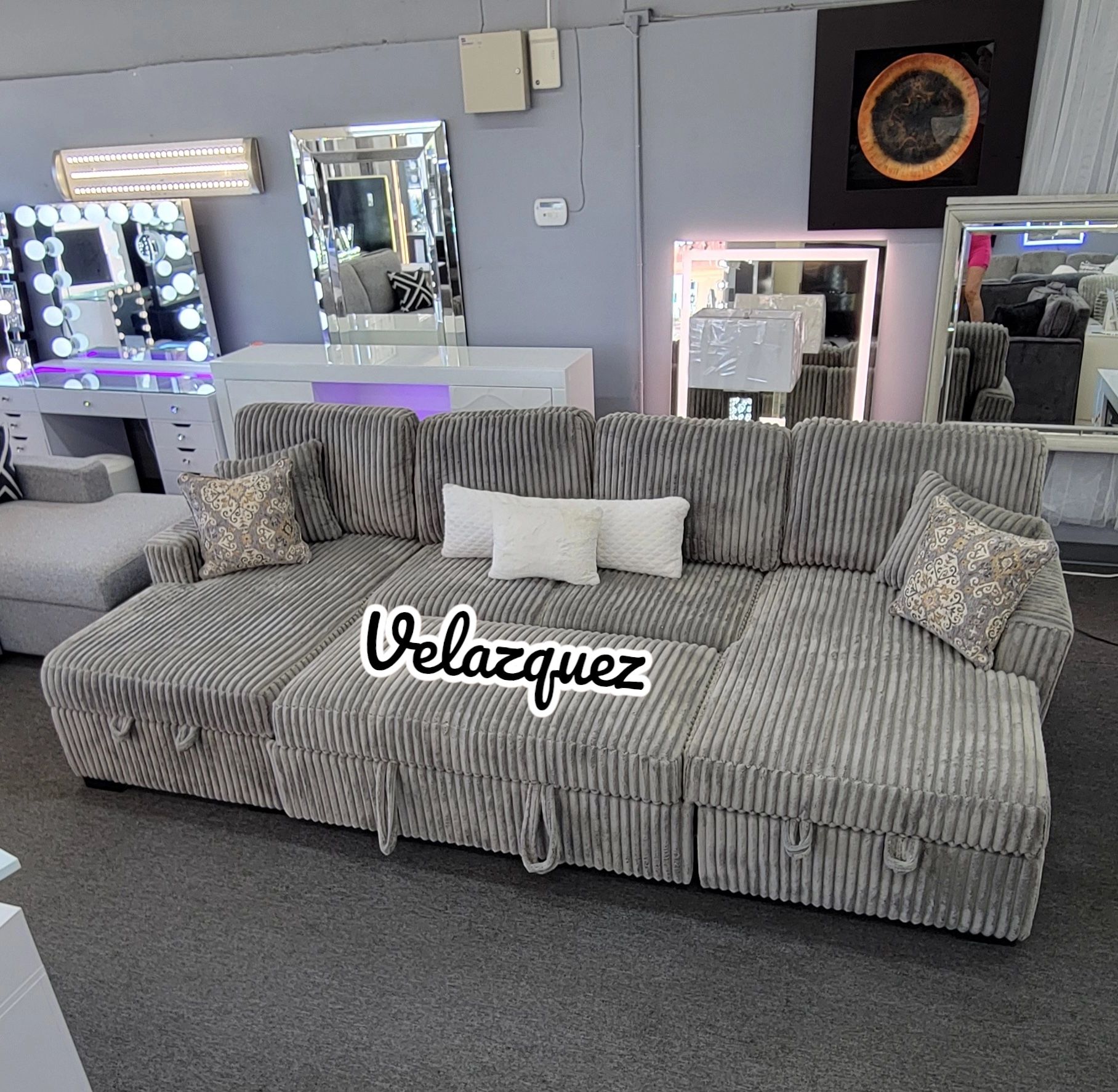 ✅️✅️3 pc Ash grey corduroy fabric sectional sofa with double storage chaise and pop up sleep area in center✅️✅️
