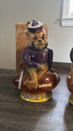 Vintage Purple Power Cat Football Ceramic Figurine