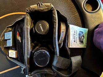 T2i body + Canon lens + Quantaray 70–300mm + bag/accessories
