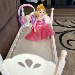 Aurora Doll With Wooden Bed Play Set And Kids Headphones Set (PACKAGE COMES ALL TOGETHER)