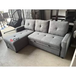 Linen Fabric Sectional Sofa With Storage Chaise And Pull Out Bed  